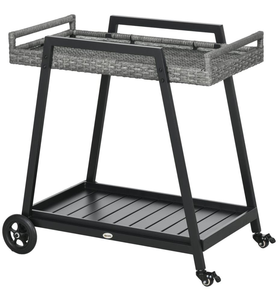 Chariot à barbecue, chariot de service, chariot à roulettes avec tablette, gris-noir