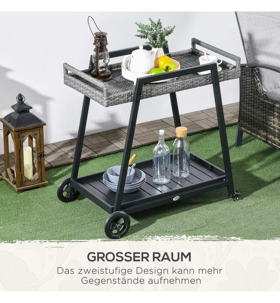 Chariot à barbecue, chariot de service, chariot à roulettes avec tablette, gris-noir