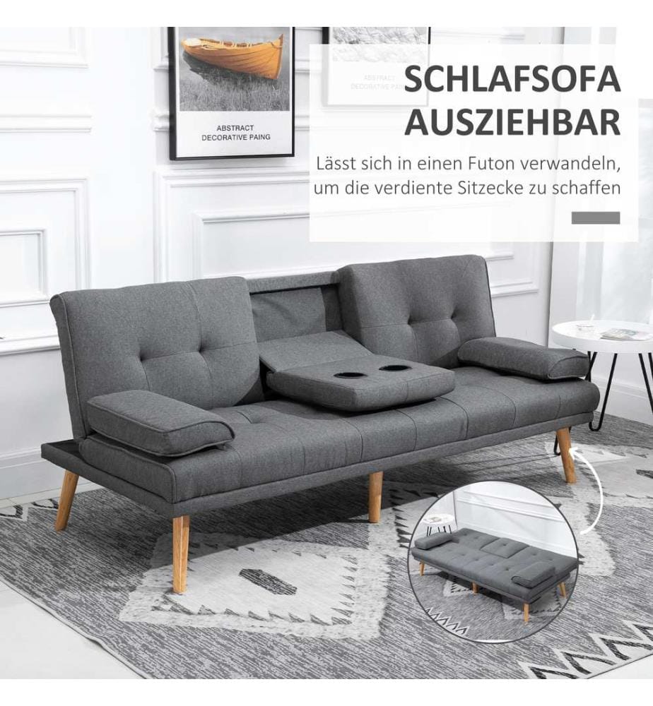 Canapé 3 places convertible en lit d'appoint avec porte-gobelets, gris foncé