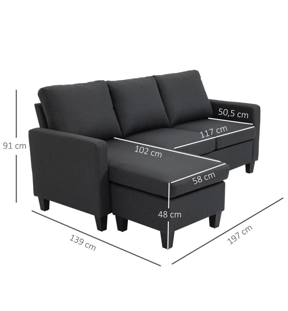 Sofa Ecksofa L-Form Chaiselongue 197x139x91 cm Dunkelgrau