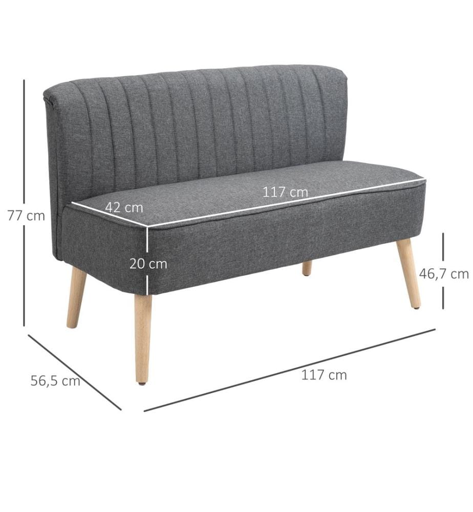 Canapé 2 places, canapé lounge avec structure en bois, 117 x 56,5 x 77 cm, gris foncé