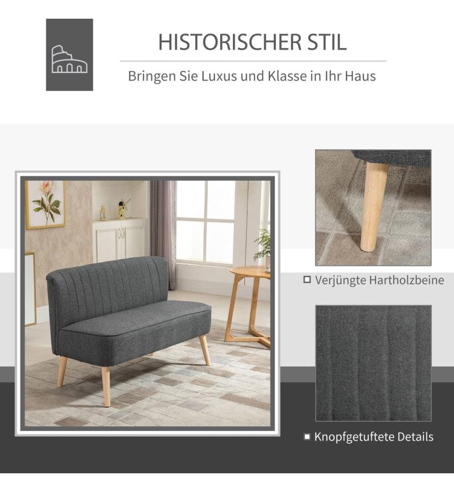 Canapé 2 places, canapé lounge avec structure en bois, 117 x 56,5 x 77 cm, gris foncé