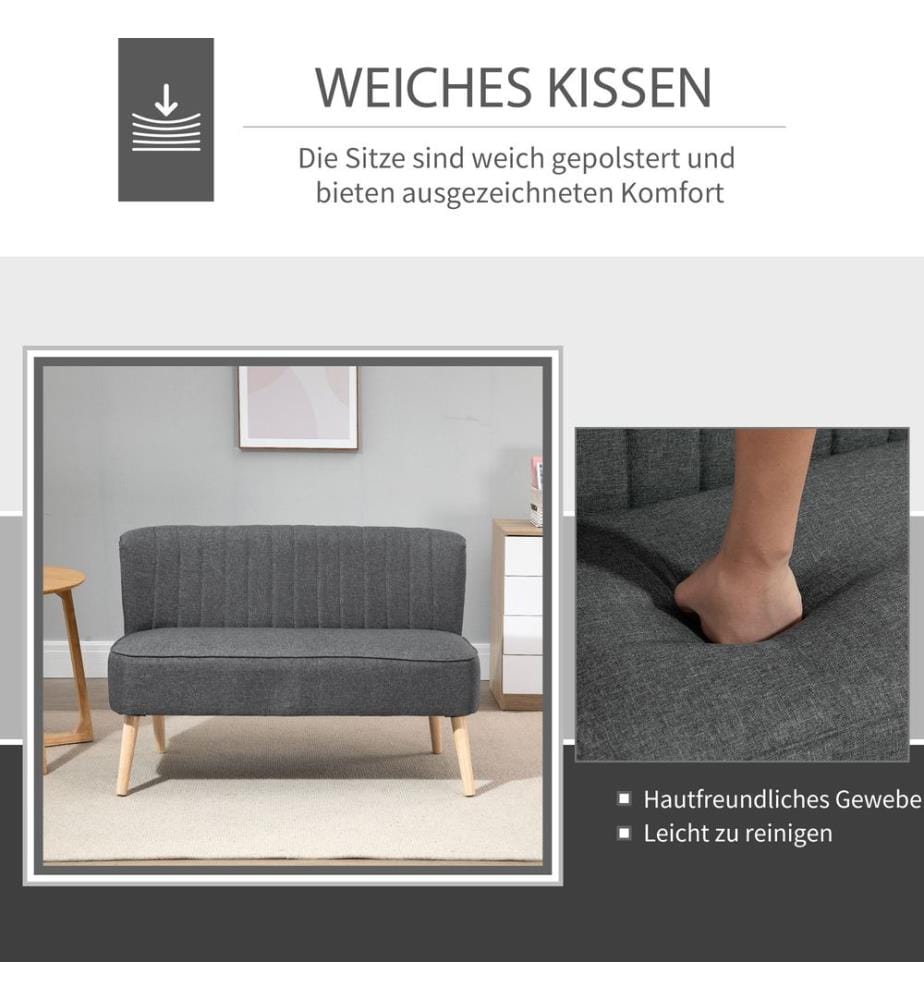 Canapé 2 places, canapé lounge avec structure en bois, 117 x 56,5 x 77 cm, gris foncé