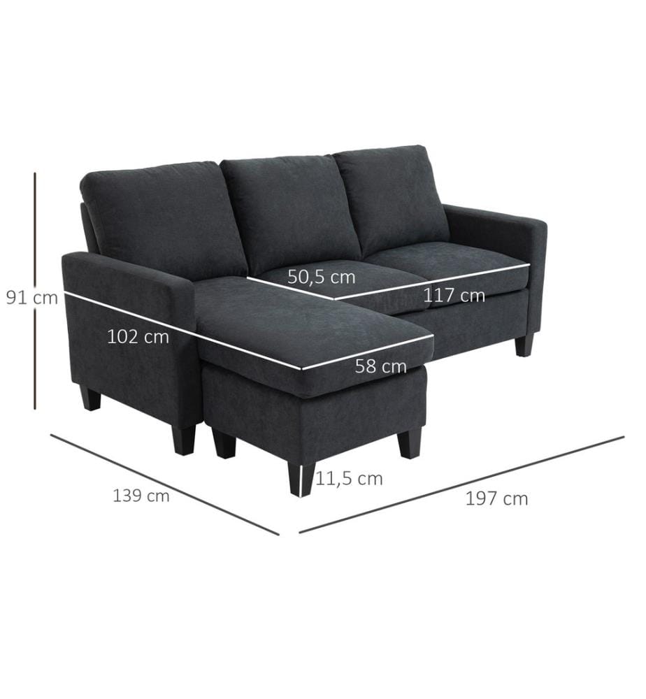 Sofa Ecksofa L-Form Chaiselongue 197x139x91 cm Dunkelgrau