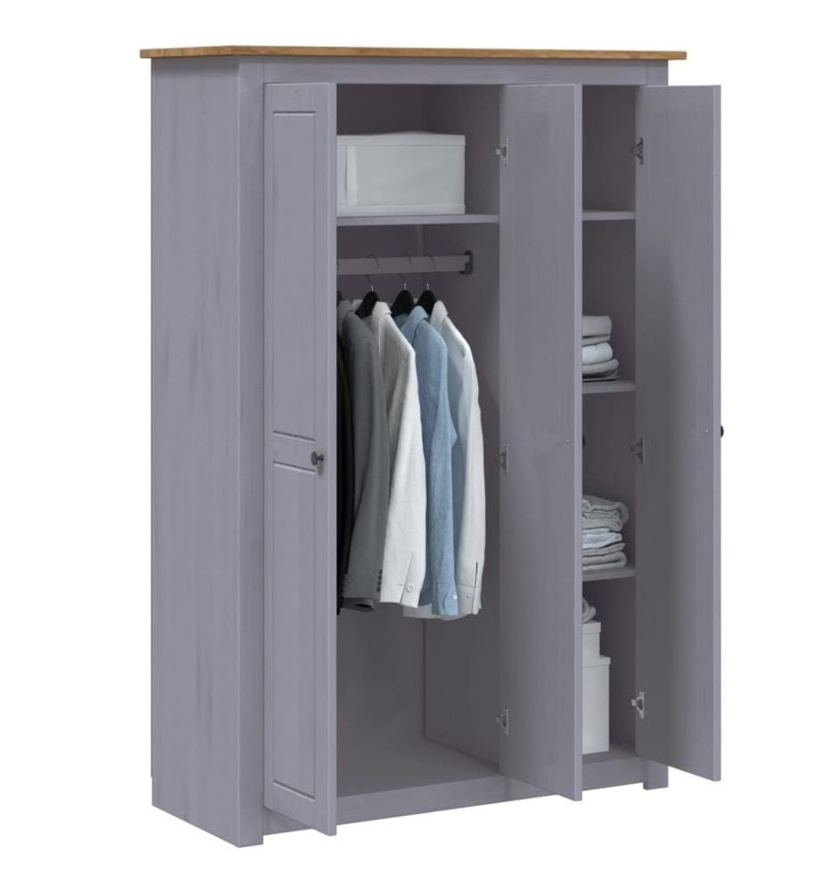 Kleiderschrank 3-Türig Grau 118×50×171,5 cm Kiefer Panama Serie