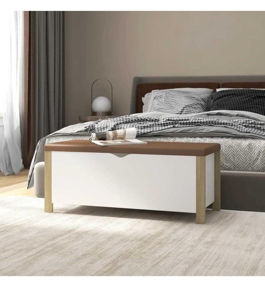 Boîte de rangement et coussin Blanc/chêne 105x40x45cm Aggloméré