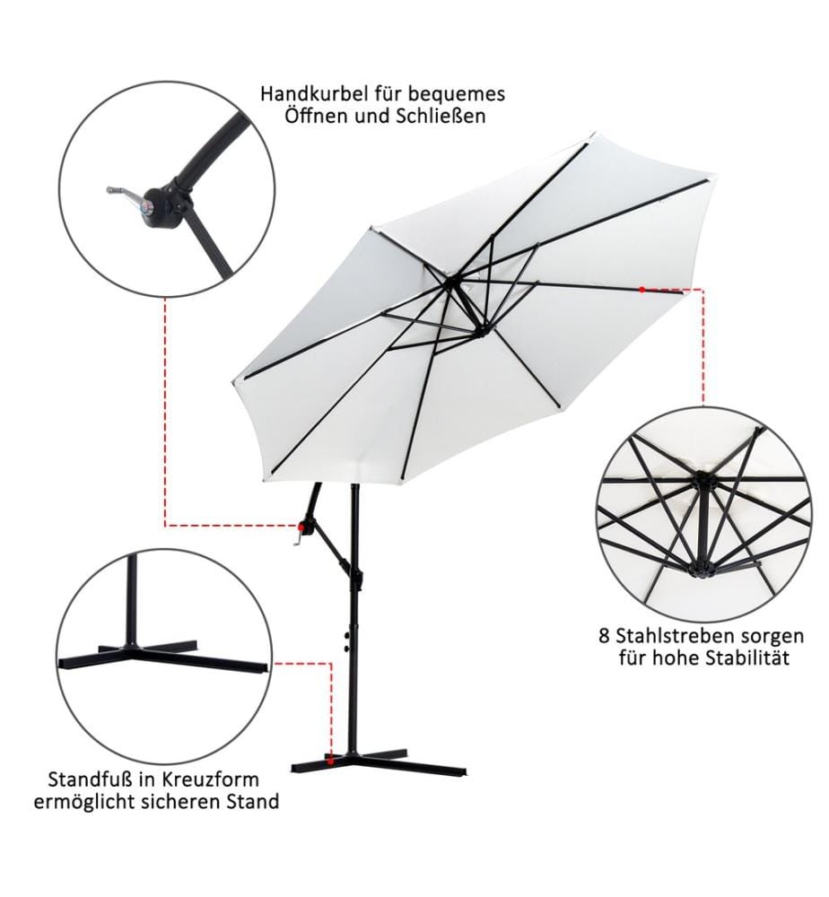 Parasol ampli Ø300 cm avec manivelle crème