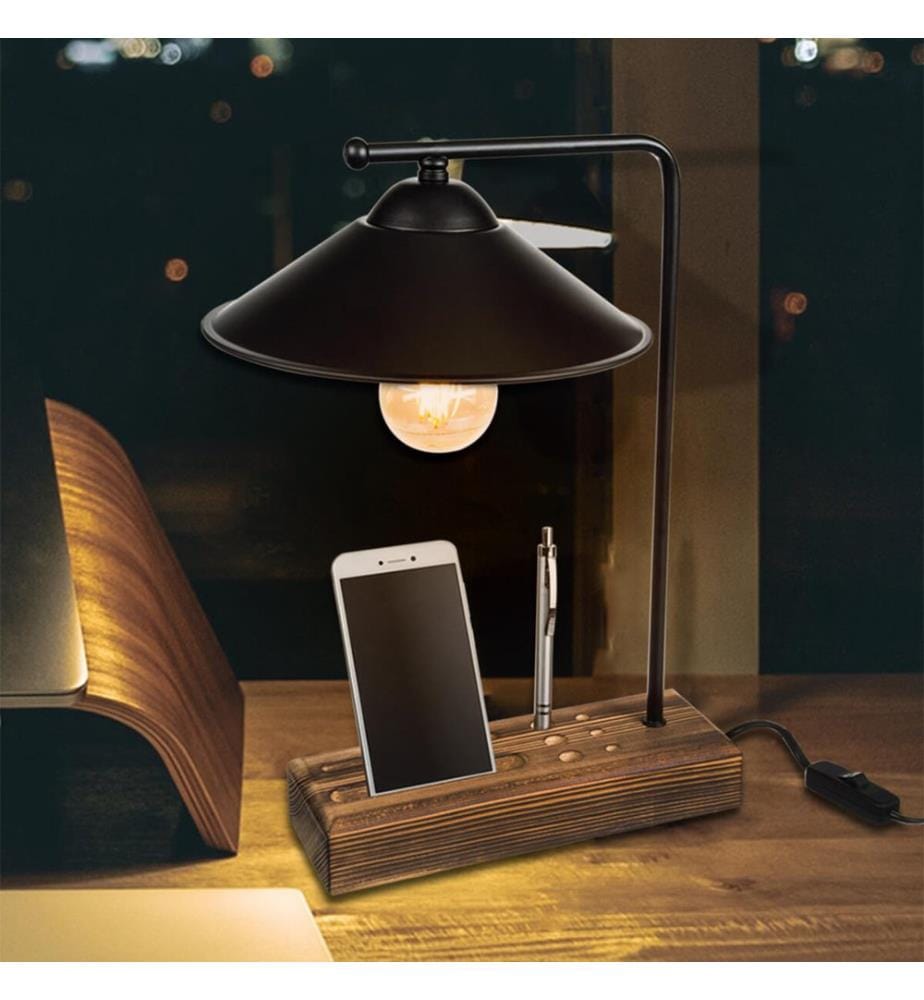 Lampe de table Folkestone E27 en bois massif et métal, noir et bois