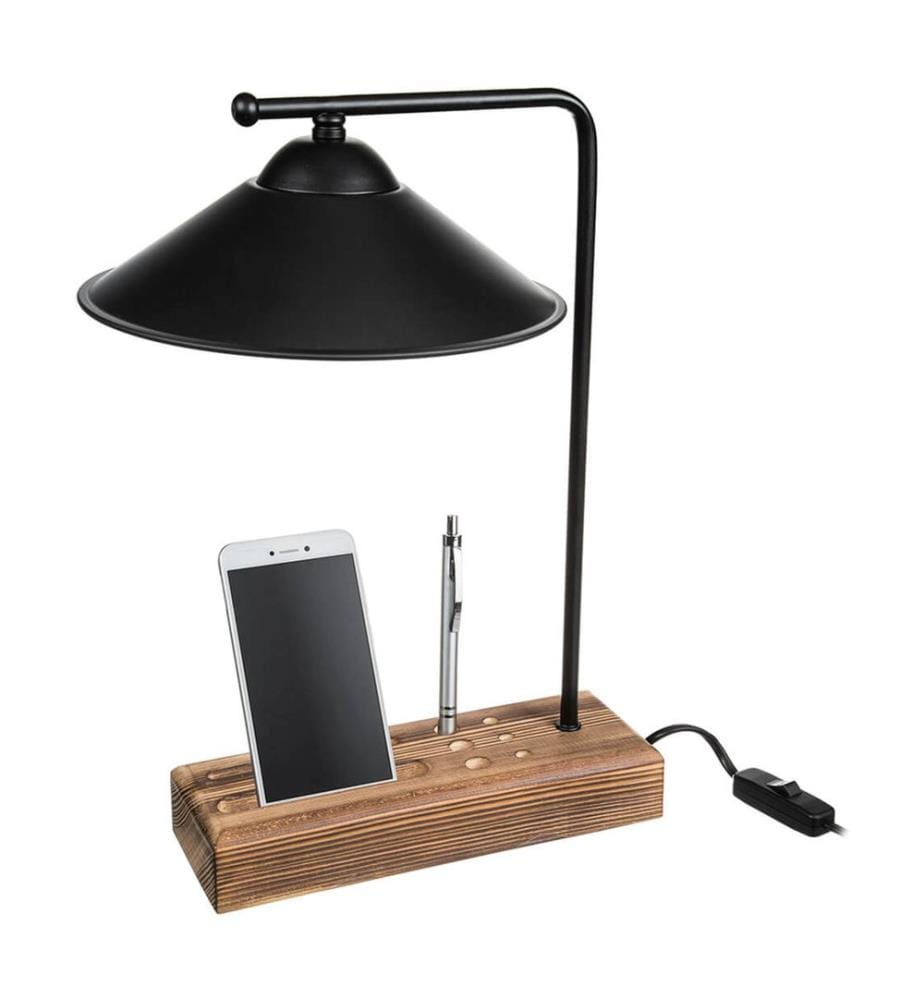 Lampe de table Folkestone E27 en bois massif et métal, noir et bois