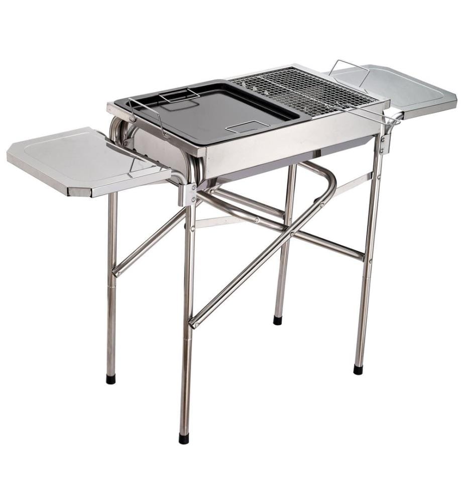 Holzkohlegrill Edelstahl mit Grillplatte und Ablagen