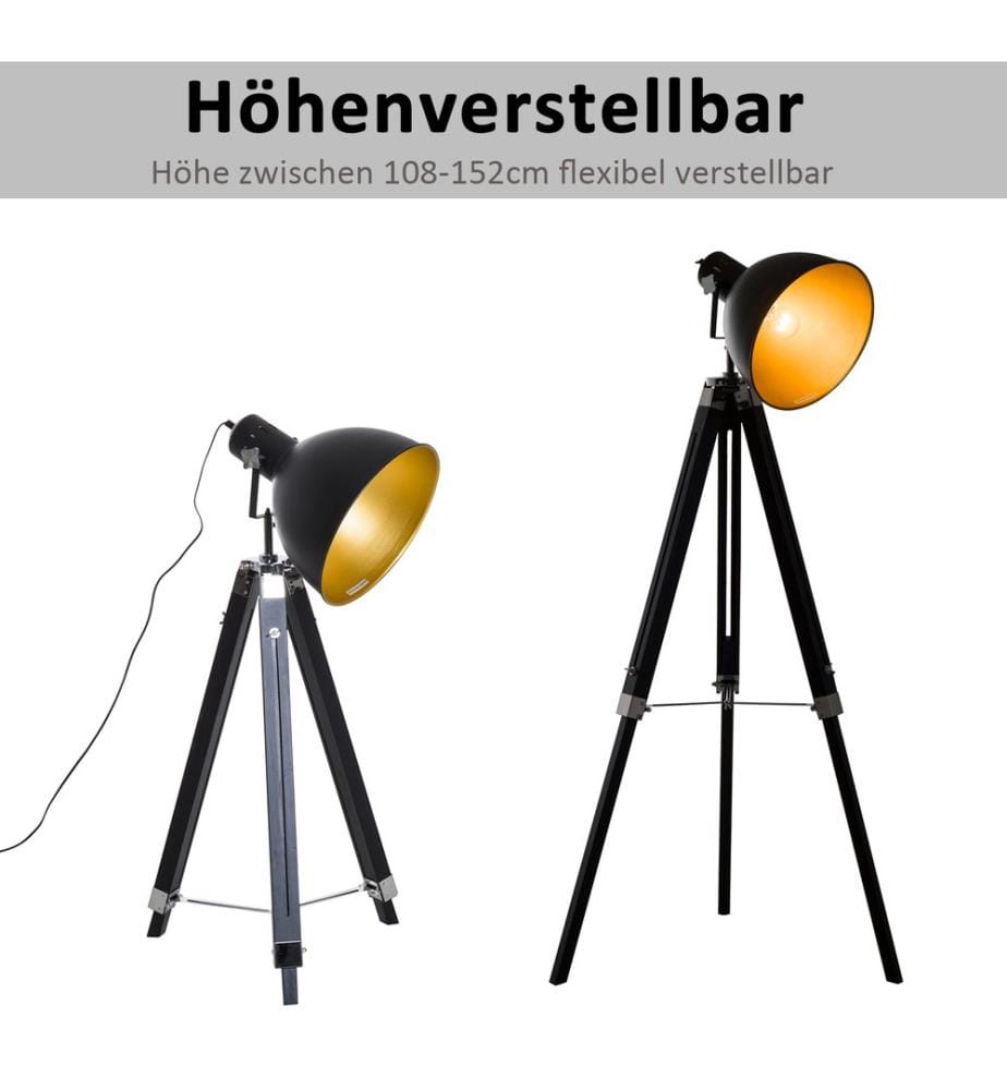 Stehlampe Retro Gold höhenverstellbar 3-Bein E27 Kiefer