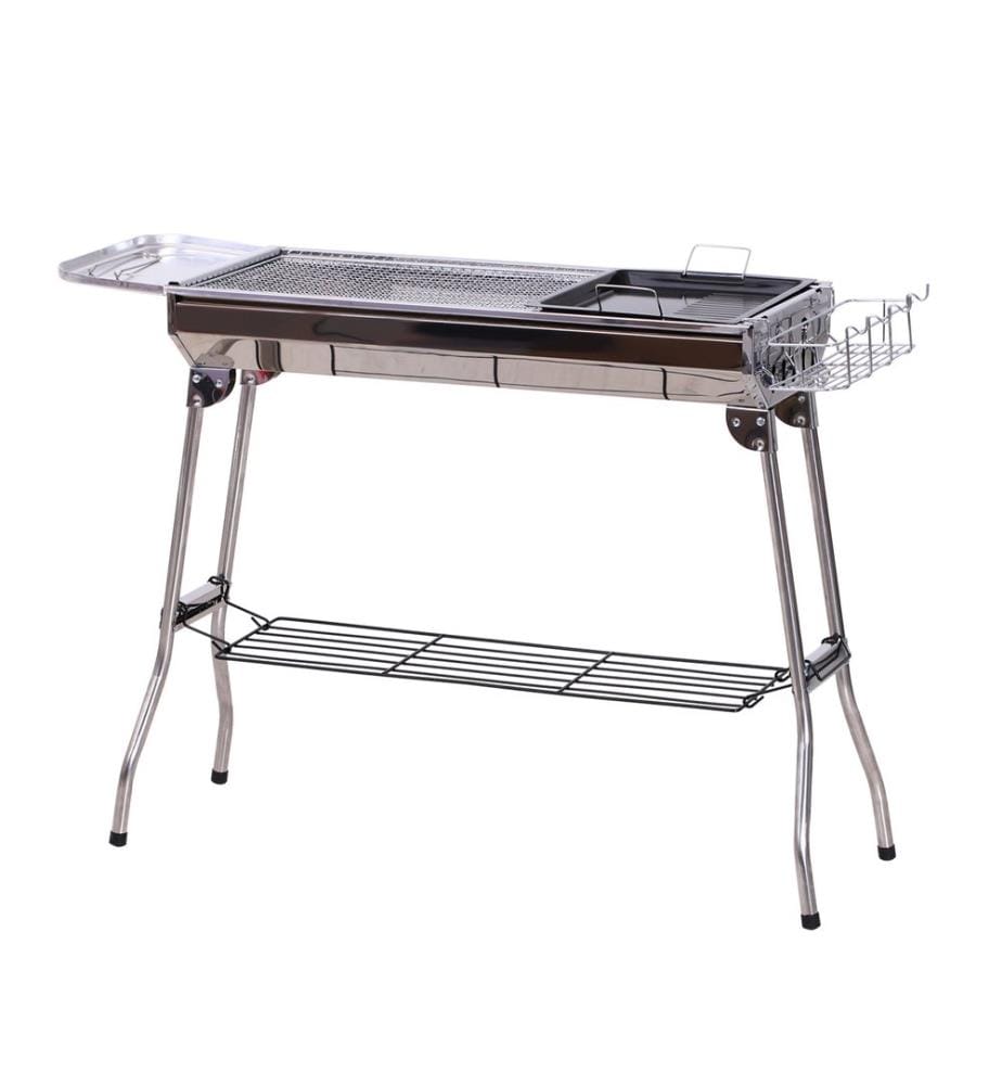 Barbecue au charbon de bois en acier inoxydable avec plaque de cuisson et tablettes, 104 cm