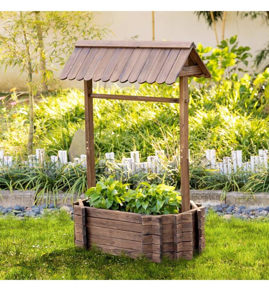 Jardinière surélevée « Holzbrunnen » avec toit, 93 x 55 x 137 cm
