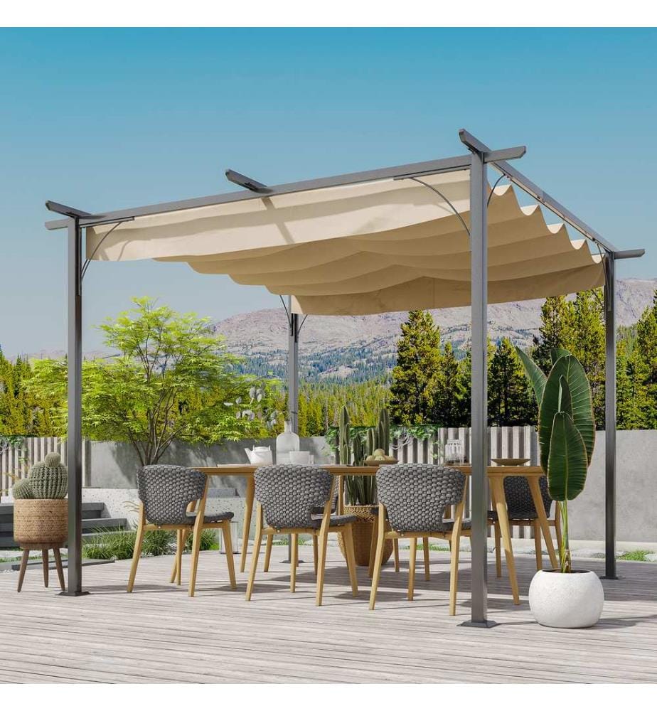 Pavillon pergola 3 x 3 m avec toit coulissant, couleur beige