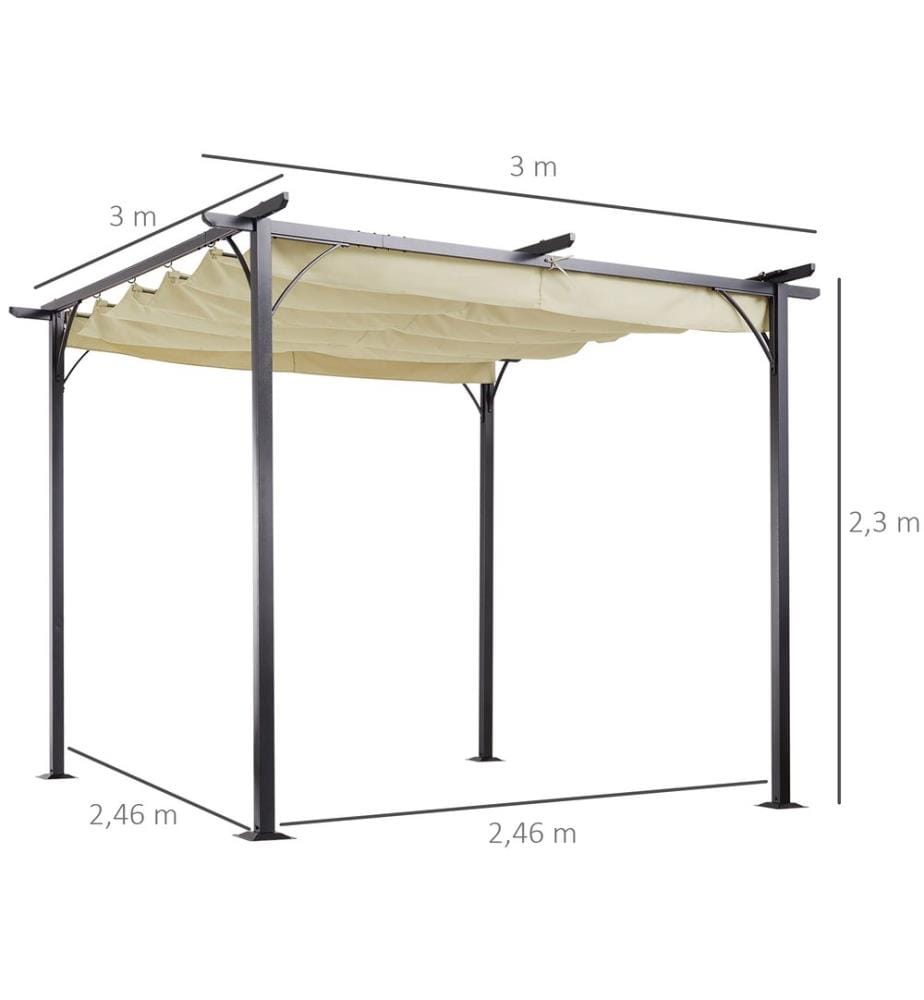 Pavillon pergola 3 x 3 m avec toit coulissant, couleur beige