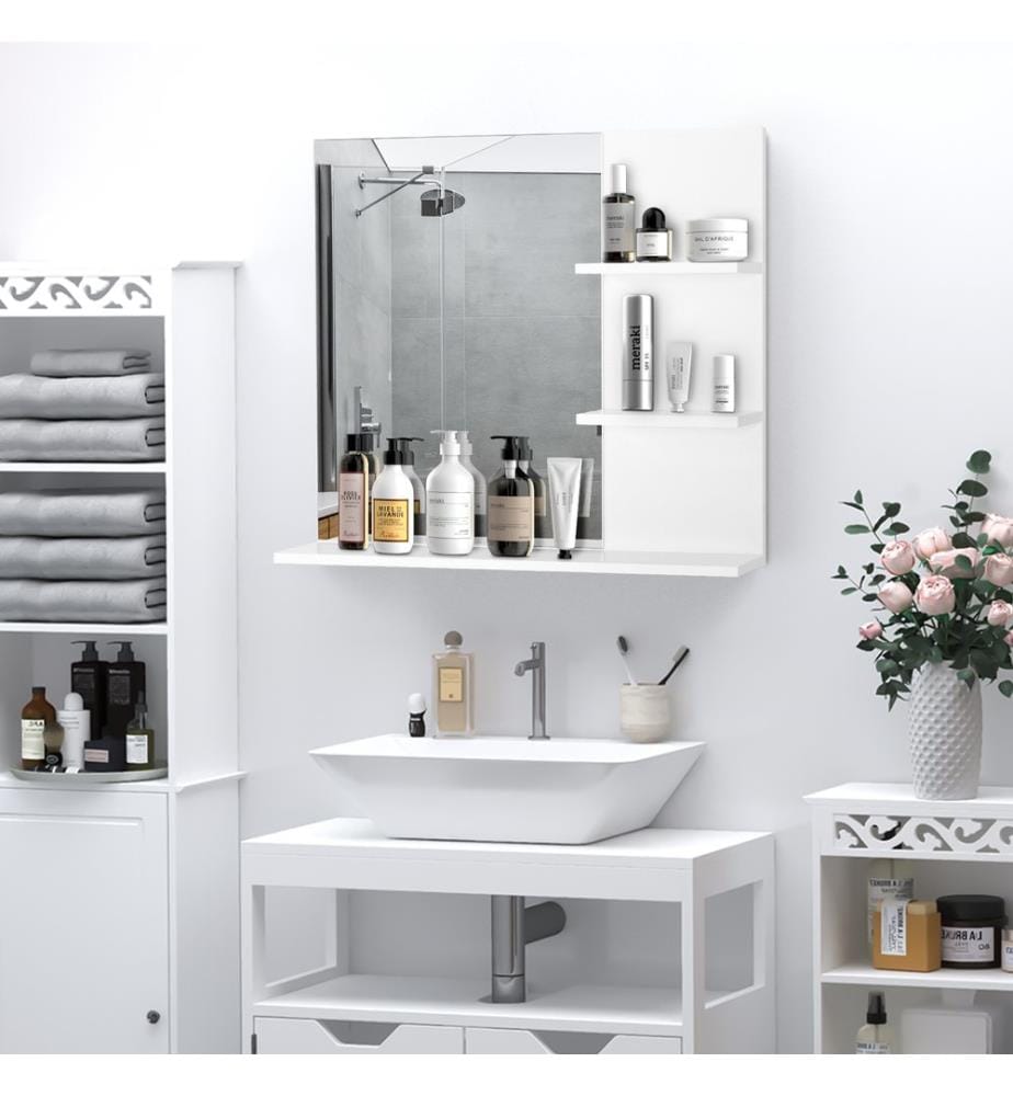Miroir de salle de bain avec 3 étagères - Miroir mural avec étagères - 60 x 10 x 48 cm
