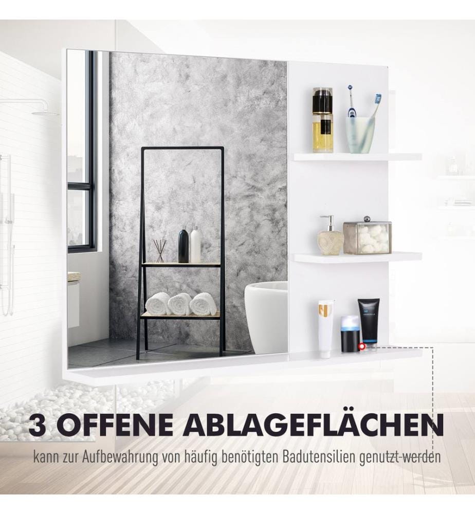 Miroir de salle de bain avec 3 étagères - Miroir mural avec étagères - 60 x 10 x 48 cm