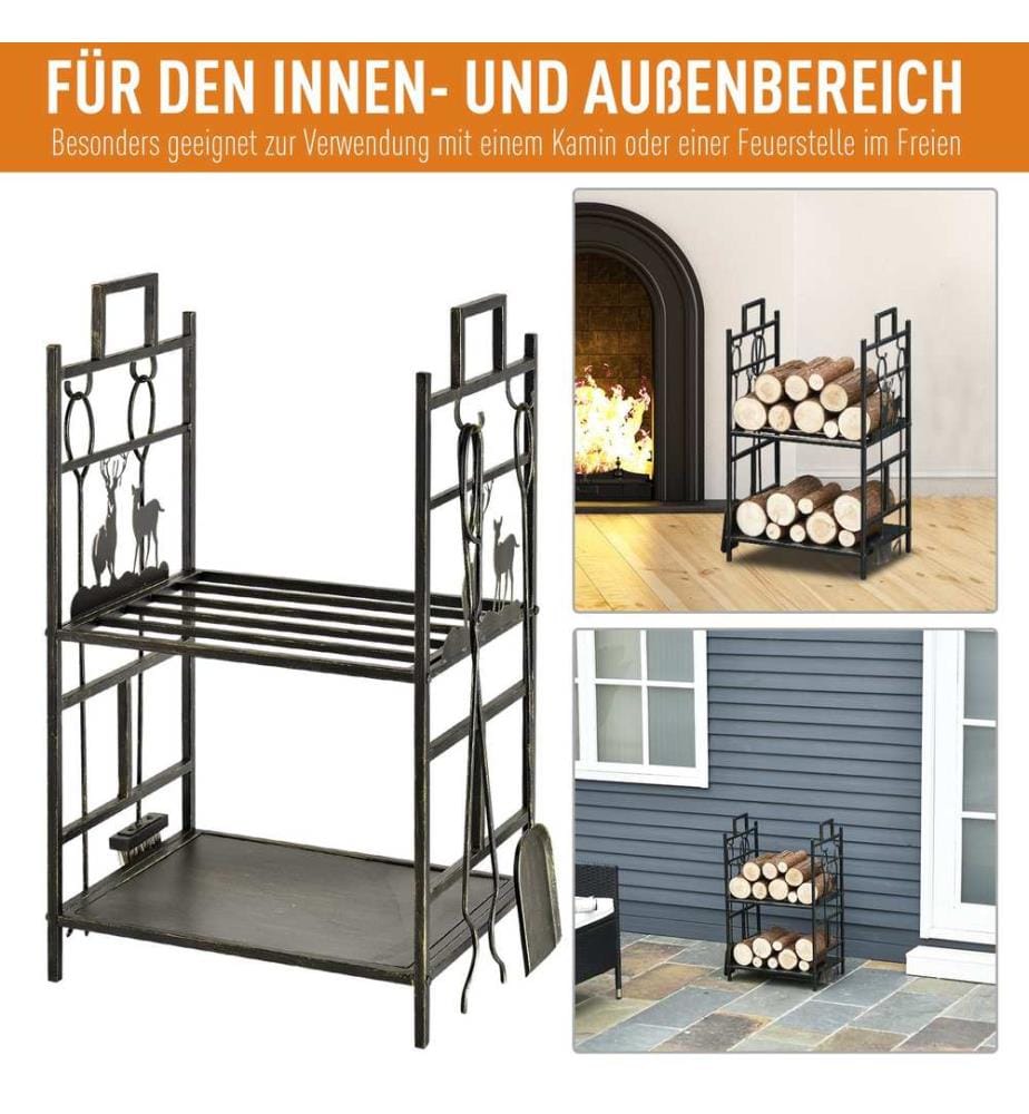 Kaminholzregal mit Kaminbesteck 51 cm Gold Schwarz
