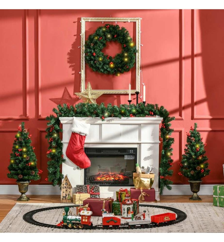 Lot de 4 décorations de Noël à LED : 1 guirlande, 2 sapins, 1 couronne