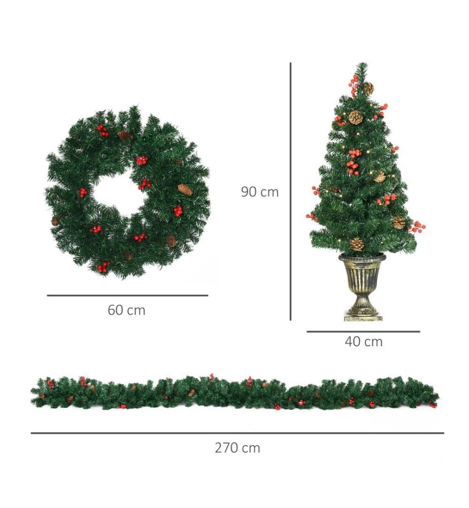Lot de 4 décorations de Noël à LED : 1 guirlande, 2 sapins, 1 couronne