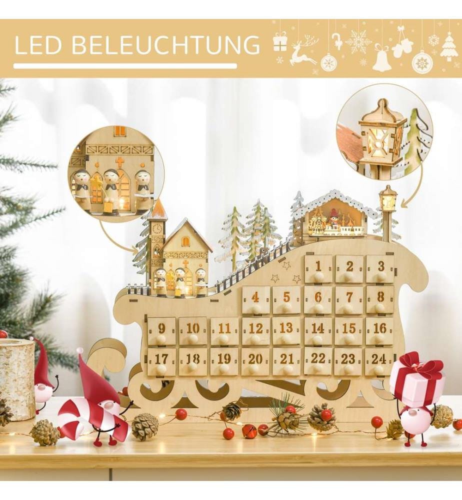 Adventskalender Holz mit Lichter 45 cm x 10 cm x 31 cm