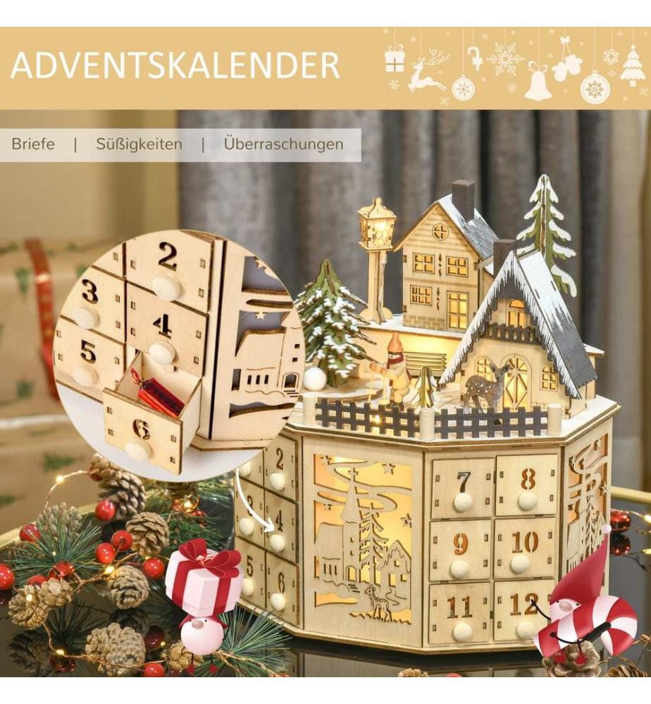 Calendrier de l'Avent en bois avec lumières, 25 cm x 20 cm x 29 cm