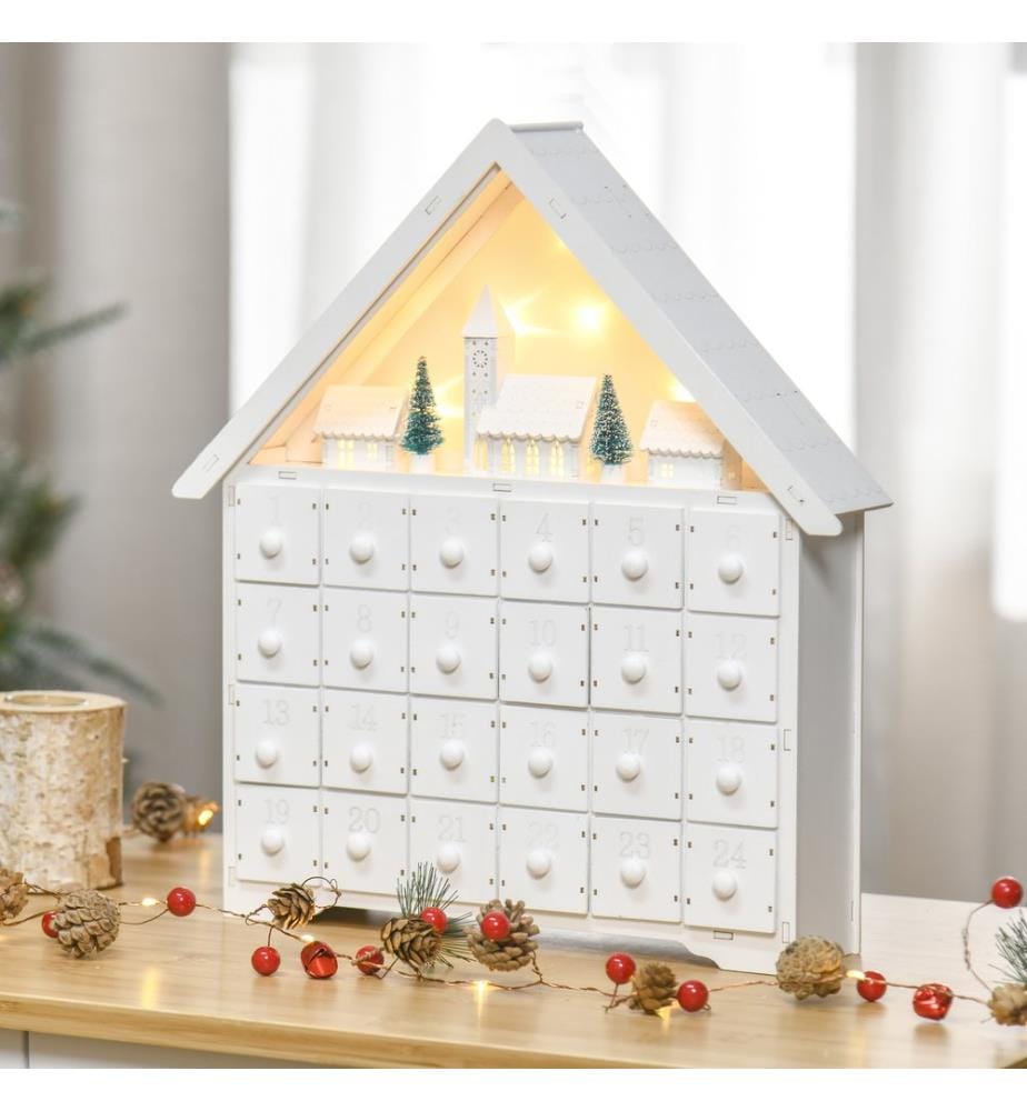 Calendrier de l'Avent en bois avec lumières, 39 cm x 9 cm x 42 cm