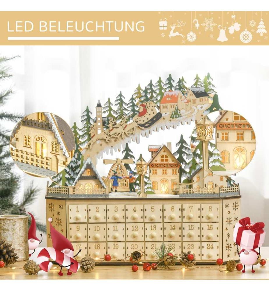 Calendrier de l'Avent en bois « Village » avec lumières, 45 cm x 13 cm x 43 cm