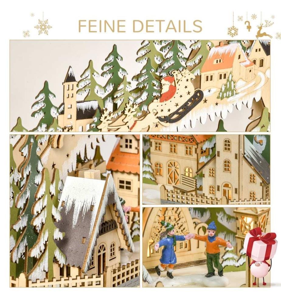 Calendrier de l'Avent en bois « Village » avec lumières, 45 cm x 13 cm x 43 cm