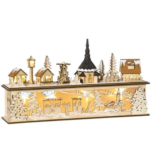 Village de Noël enneigé 45 x 10 x 25 cm, éclairé d'une lumière blanche chaude
