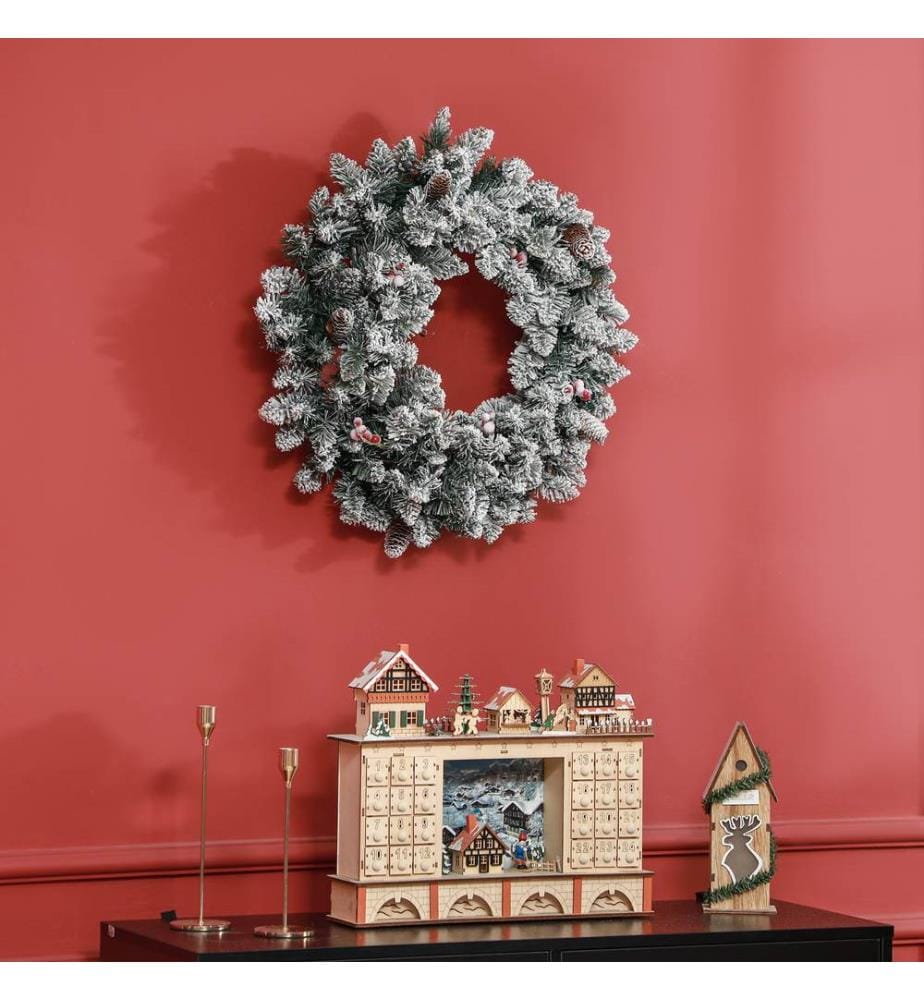 Couronne de Noël pour porte, 60 cm, avec guirlande lumineuse LED, verte