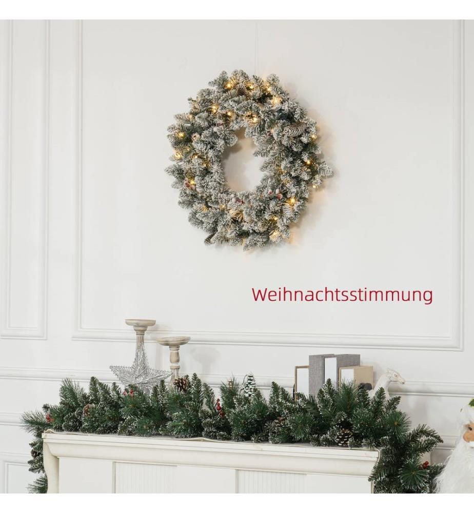 Couronne de Noël pour porte, 60 cm, avec guirlande lumineuse LED, verte