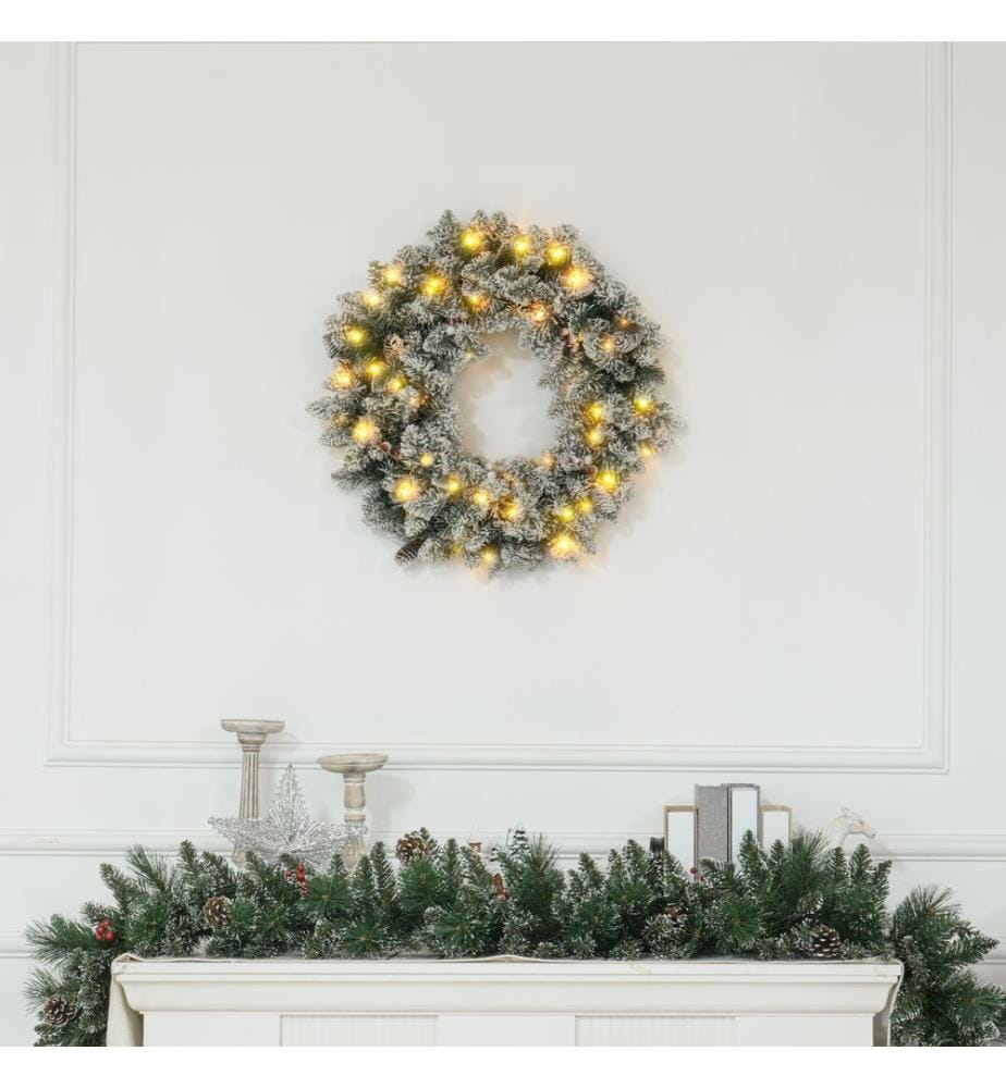 Couronne de Noël pour porte, 60 cm, avec guirlande lumineuse LED, verte