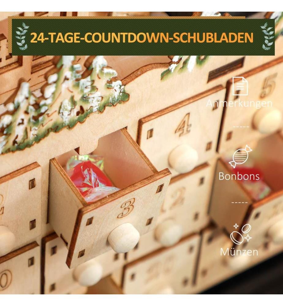 Adventskalender Weihnachtsdeko mit 24 Schubladen LED Naturholz