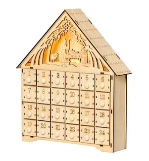 Calendrier de l'Avent décoratif de Noël avec 24 tiroirs à LED en bois naturel