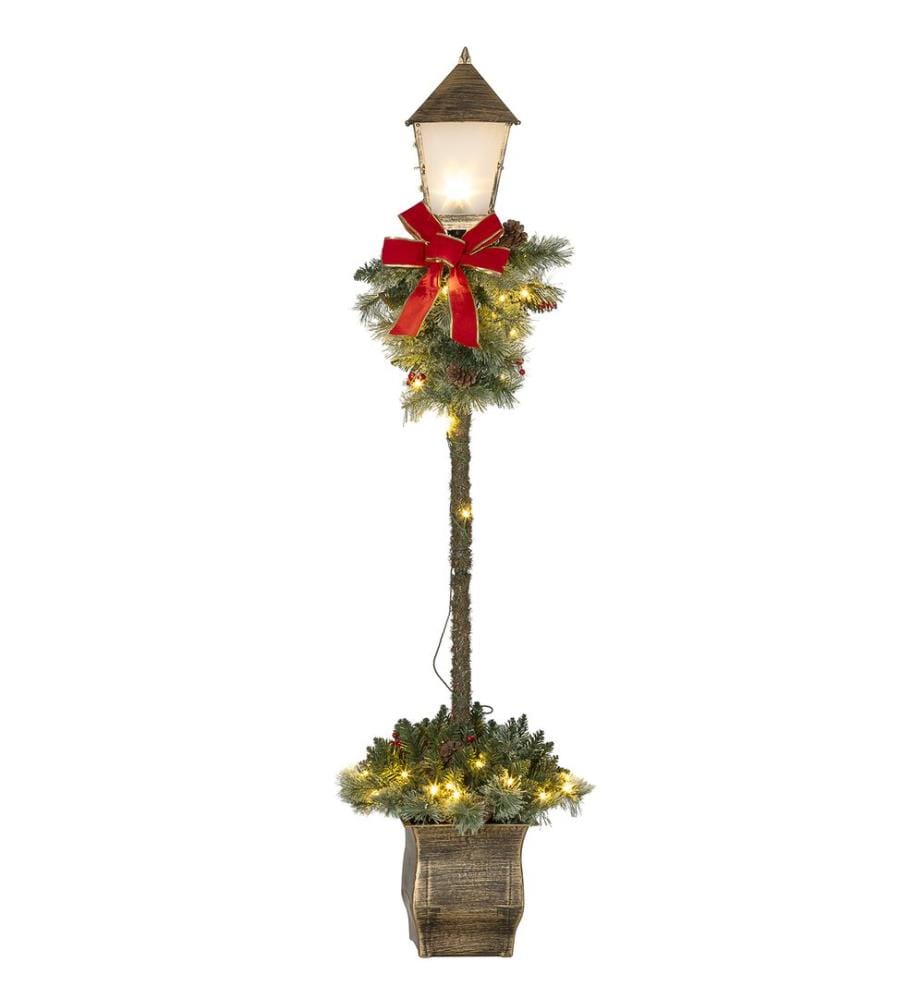 Lanterne de Noël de 150 cm avec guirlande lumineuse LED, pommes de pin et noeud