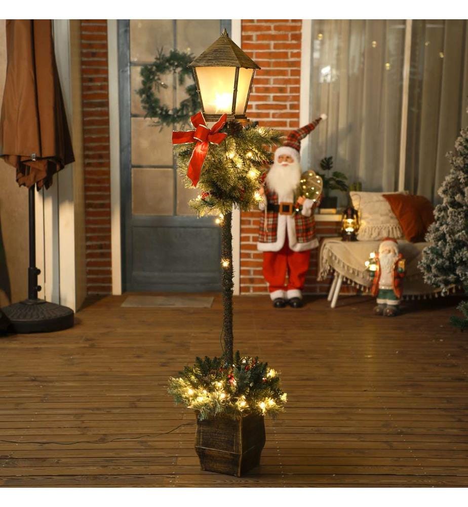 Lanterne de Noël de 150 cm avec guirlande lumineuse LED, pommes de pin et noeud