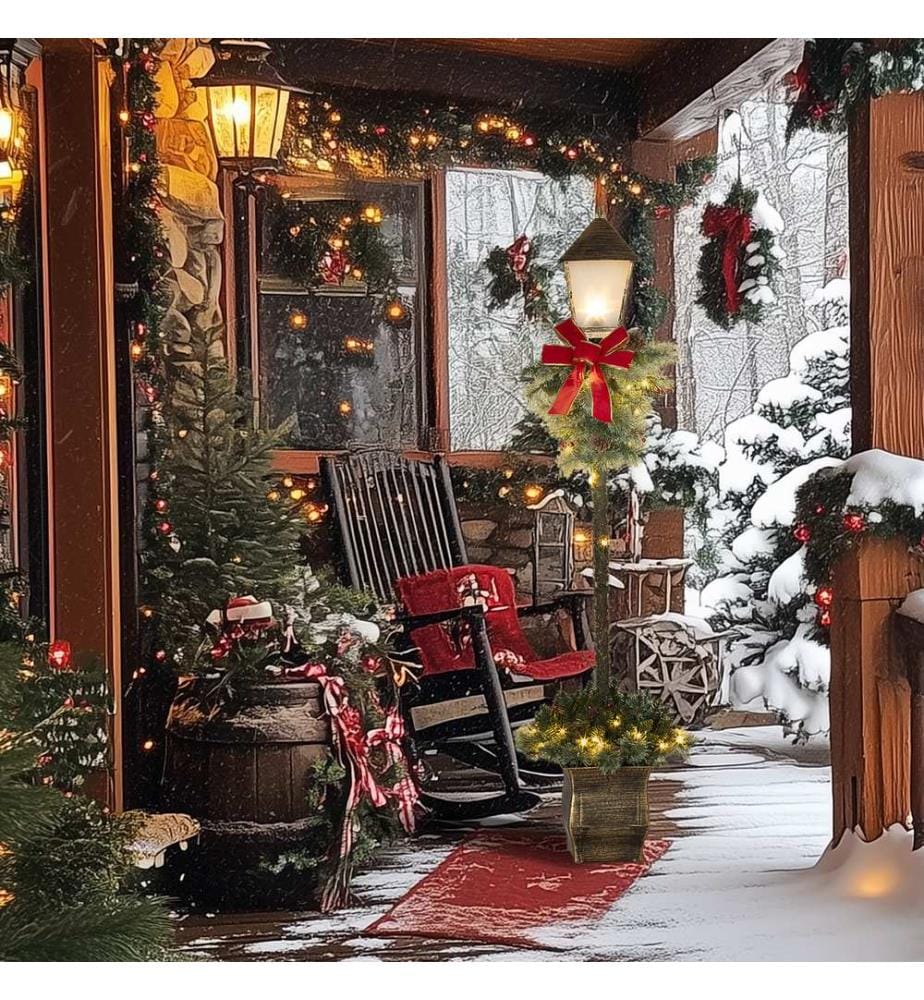 Lanterne de Noël de 150 cm avec guirlande lumineuse LED, pommes de pin et noeud