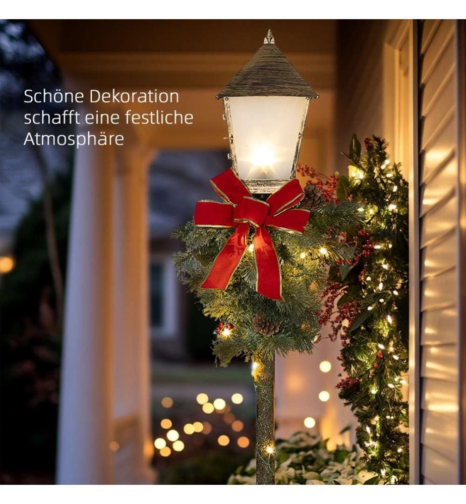 Lanterne de Noël de 150 cm avec guirlande lumineuse LED, pommes de pin et noeud