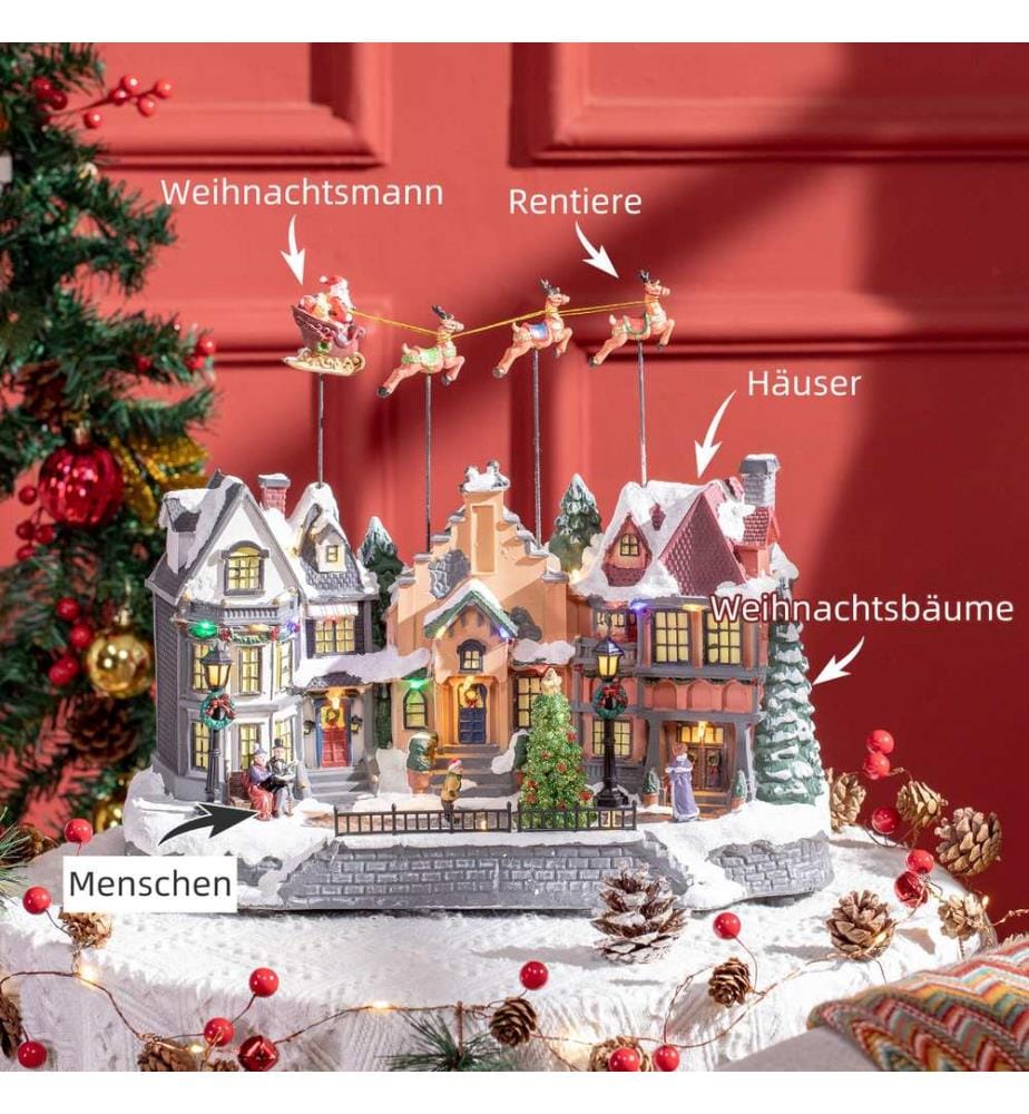 Weihnachtsdorf mit beweglichen Figuren und 22 bunten LEDs