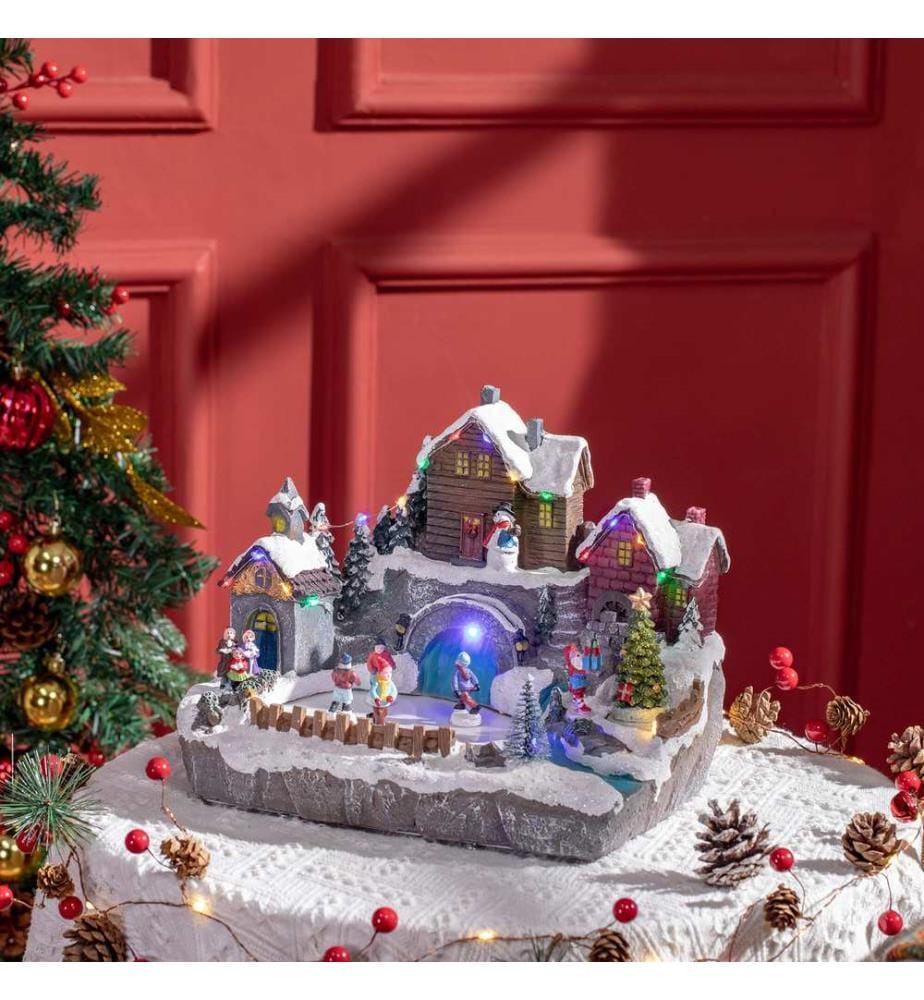 Weihnachtsdorf mit beweglichen Figuren und 21 bunten LEDs