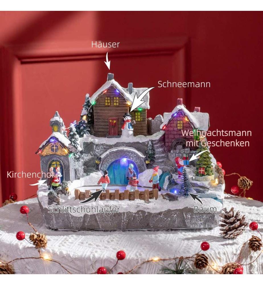 Weihnachtsdorf mit beweglichen Figuren und 21 bunten LEDs