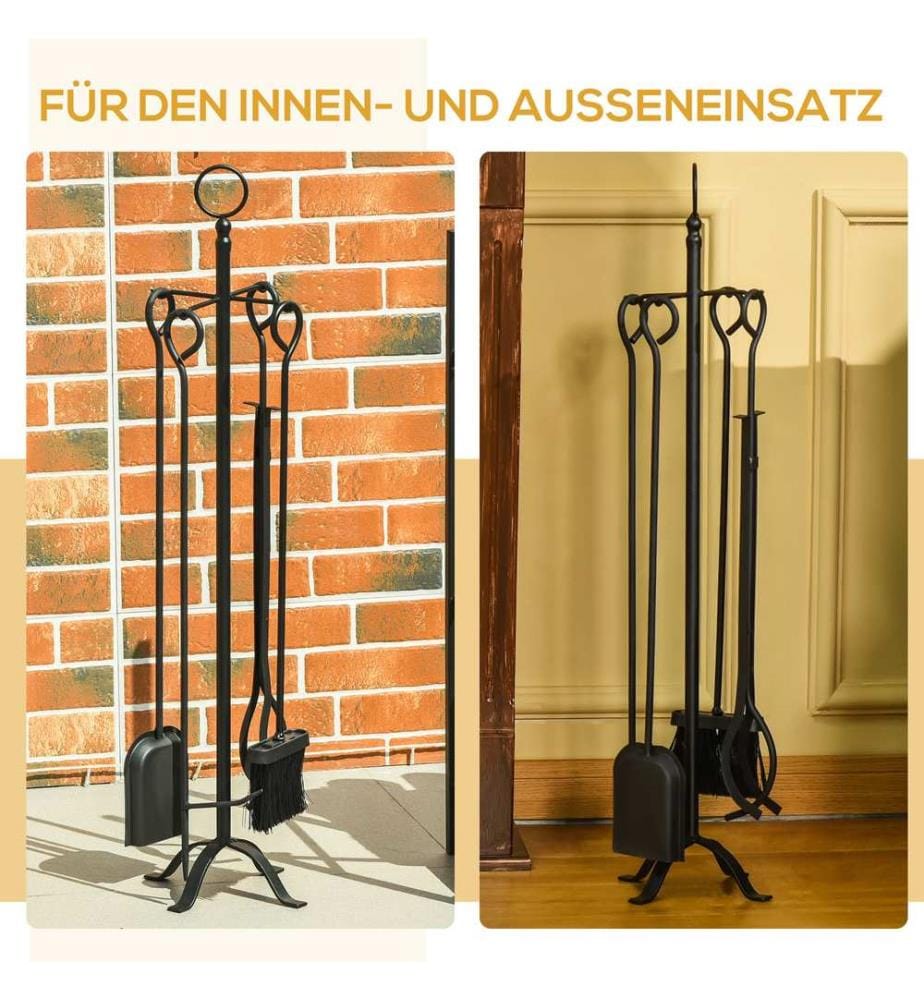 Ensemble de 5 pièces pour cheminée : tisonnier, pelle et balai