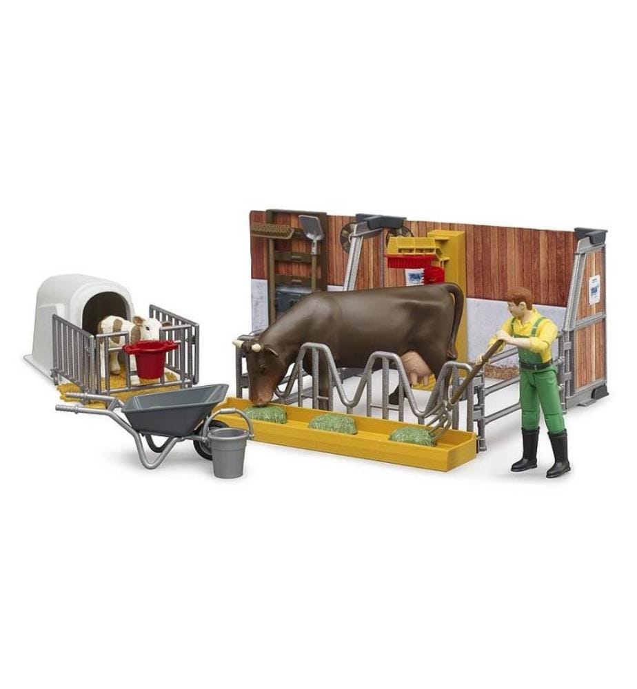 Bruder Spielwaren - Étable pour vaches et veaux avec agriculteur