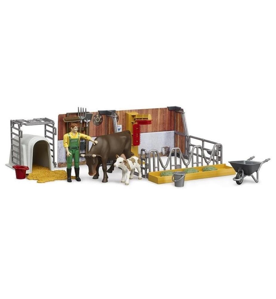 Bruder Spielwaren - Étable pour vaches et veaux avec agriculteur