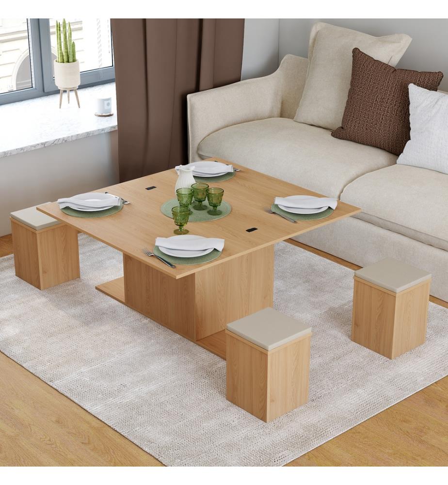 Table basse Tania 2 en 1 avec plateau dépliant et 4 assises - Brun