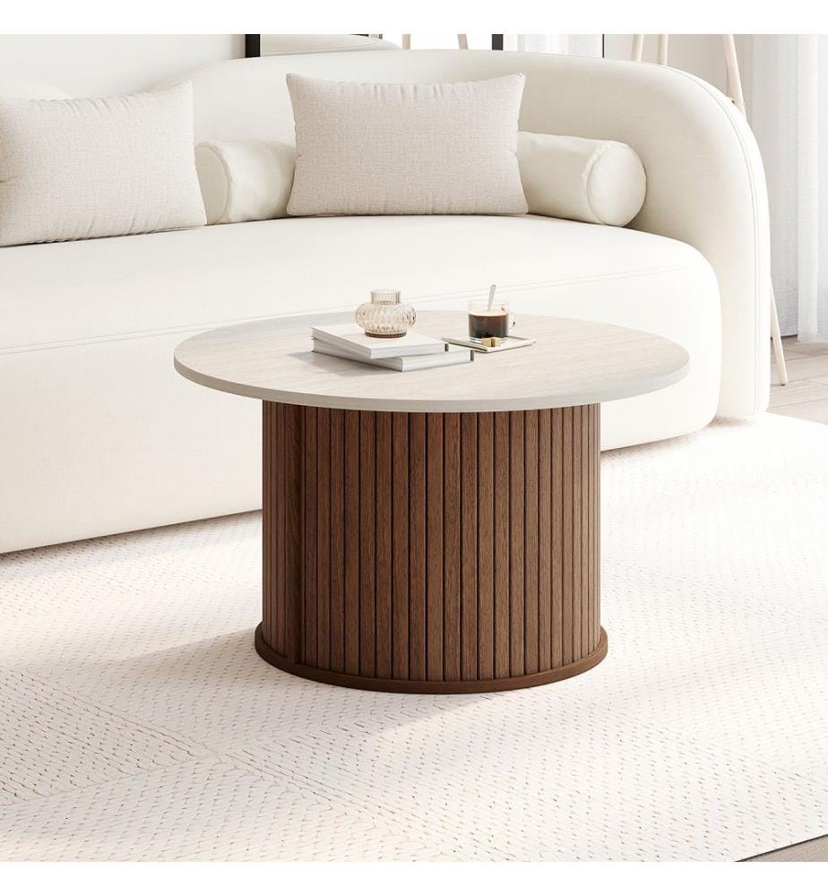 Table basse ronde Albane - Travertin et noyer