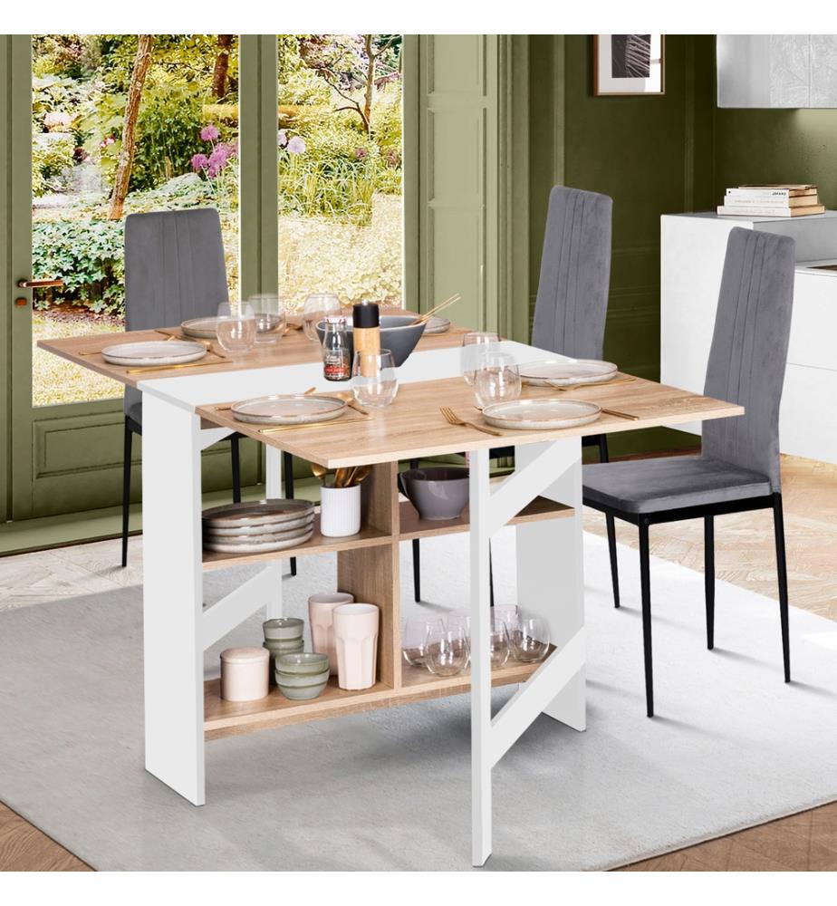 Table de Repas Pliable Edi avec rangements - 80 x 33.5 x 75 cm - Blanc et Brun