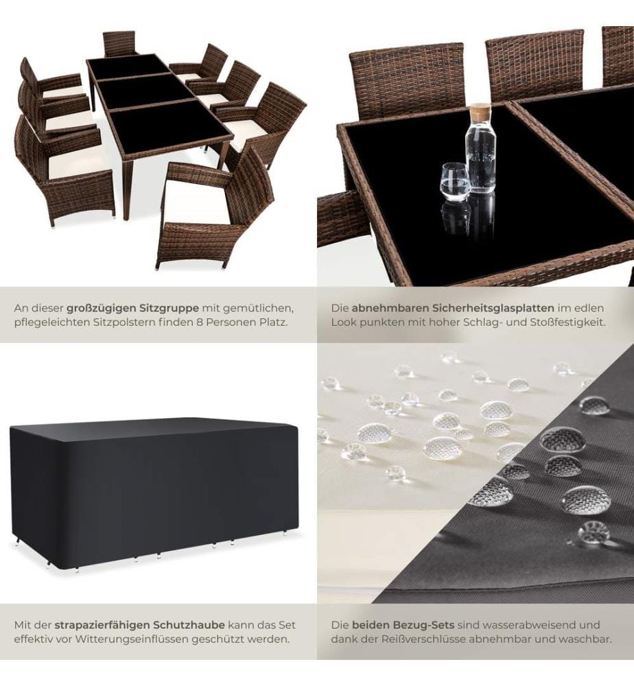 Set in rattan Menorca 8 sedie e 1 tavolo in alluminio, coperture protettive - neromarrone