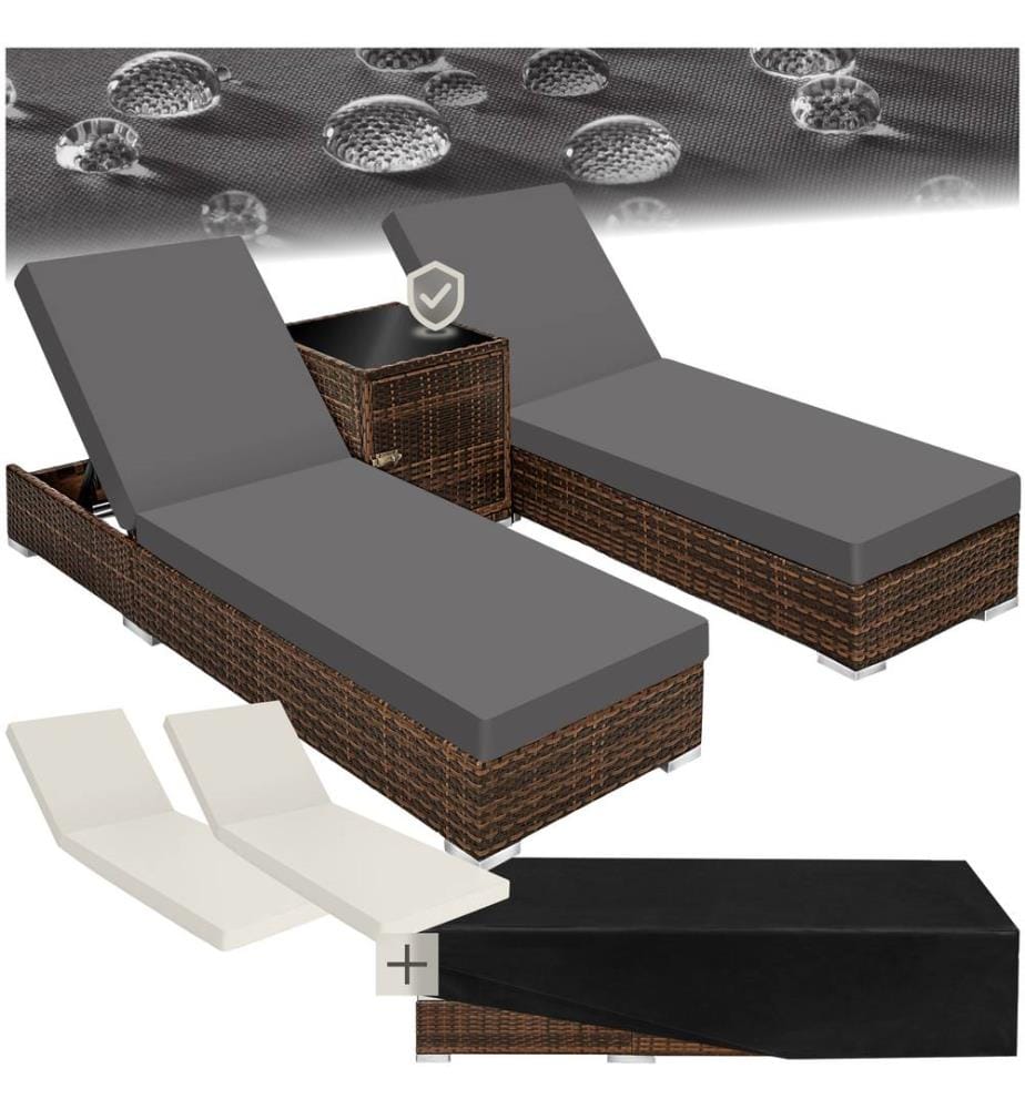 Lot de 2 bains de soleil en rotin et aluminium avec table et housse de protection - marron